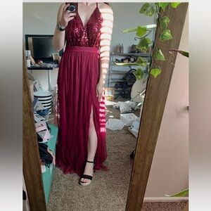 SHEIN Burgundy Sequin Plunge Chiffon Prom Gown